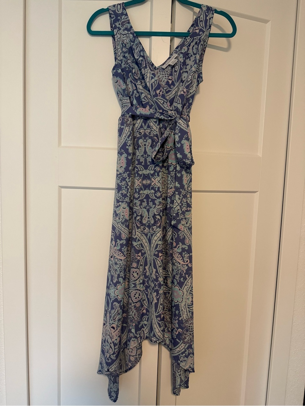 Motherhood Blue Paisley Sleeveless High-Low Wrap Dress